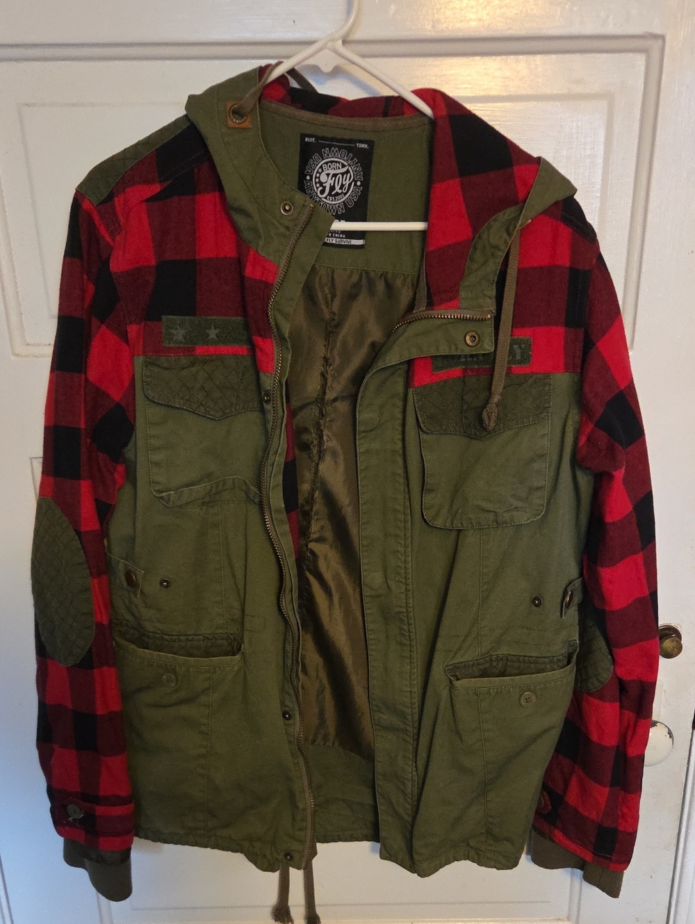 Hooded Military Field Jacket with Red Buffalo Plaid Sleeves